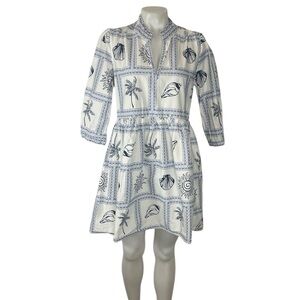 Calypso St.Barth blue & white cotton shell print 3/4 sleeve Zoe mini dress M